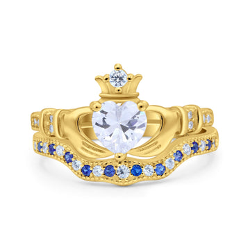 14K Yellow Gold Claddagh Accent Heart Wedding Bridal Set Piece Blue Sapphire Simulated Cubic Zirconia Wedding Ring